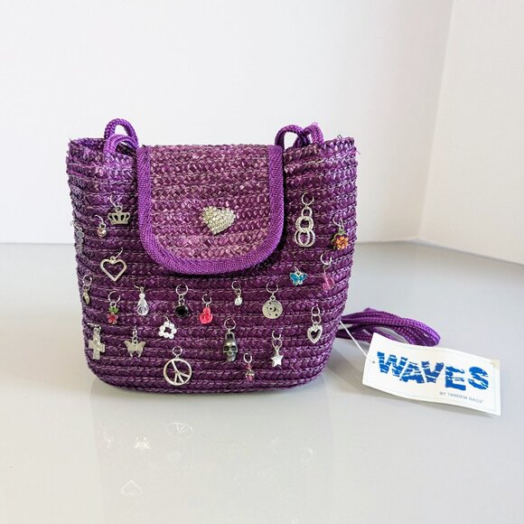 Vintage Purple Woven Straw Crossbody Bag Upcycled Jewelry Charms Deadstock - Picture 1 of 6